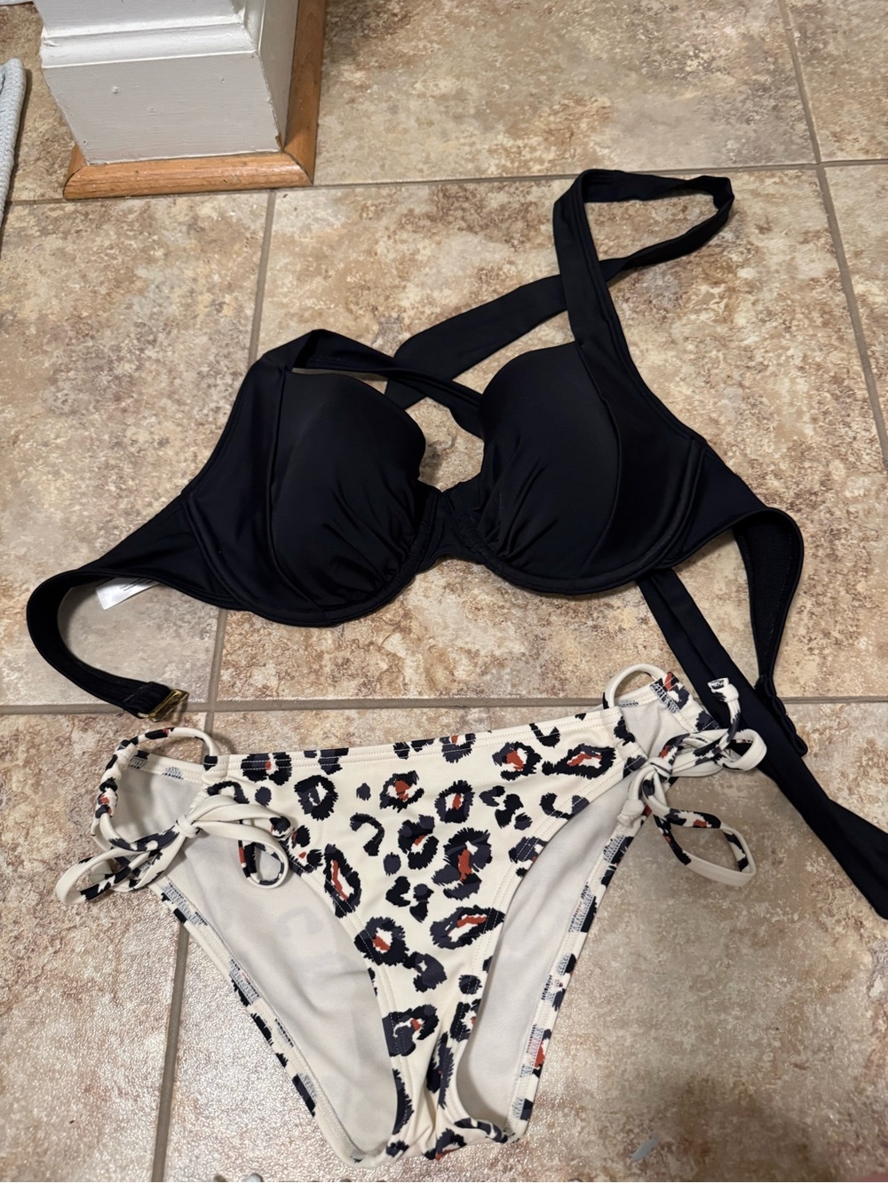 Adore Me Black Push-Up Bikini Top with Cream Leopard Tie-Side Bottom